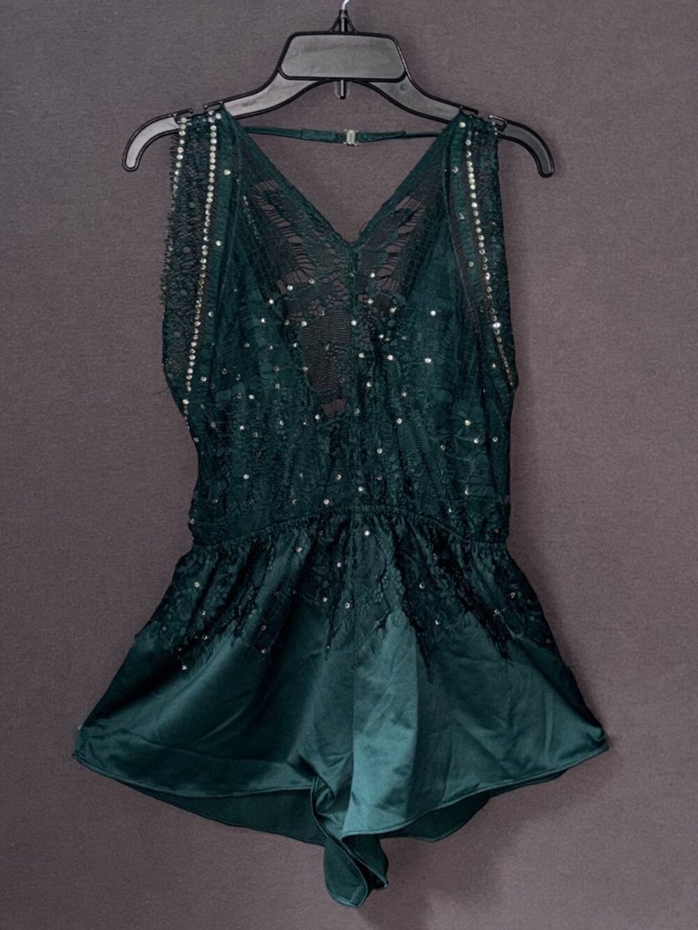 Lulus Promise of Romance Emerald Green Rhinestone Lace Satin Romper Size S
